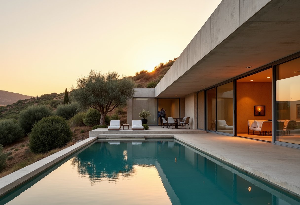 Villa contemporaine en béton à l'heure dorée, piscine à débordement — image générée par IA