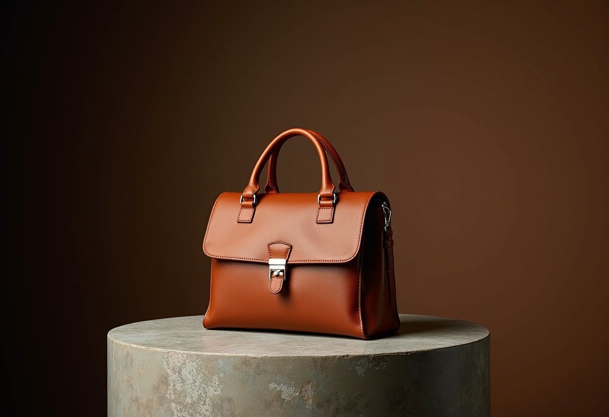 Photographie produit générée par IA — sac en cuir artisanal sur socle de pierre