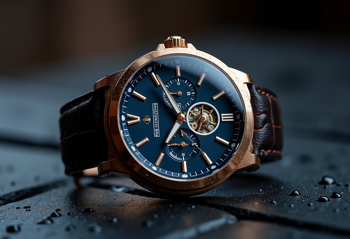 Photographie macro générée par IA — montre mécanique de luxe sur ardoise humide